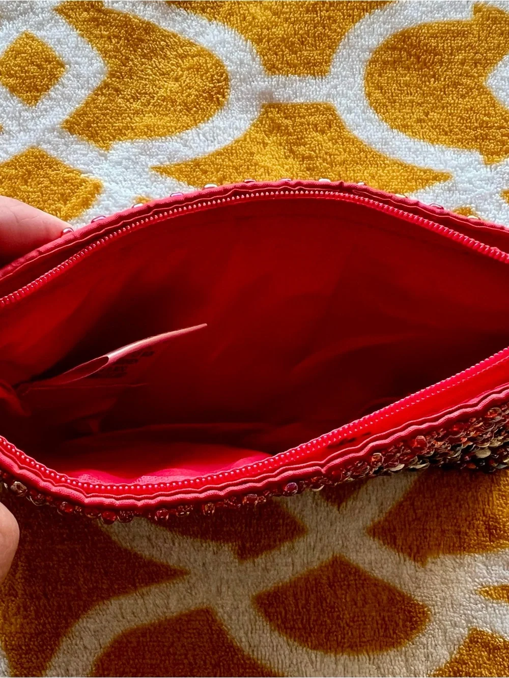 YOA Red Beaded Wristlet Pouch Zip Closure, Wrist Strap Party/Cocktail